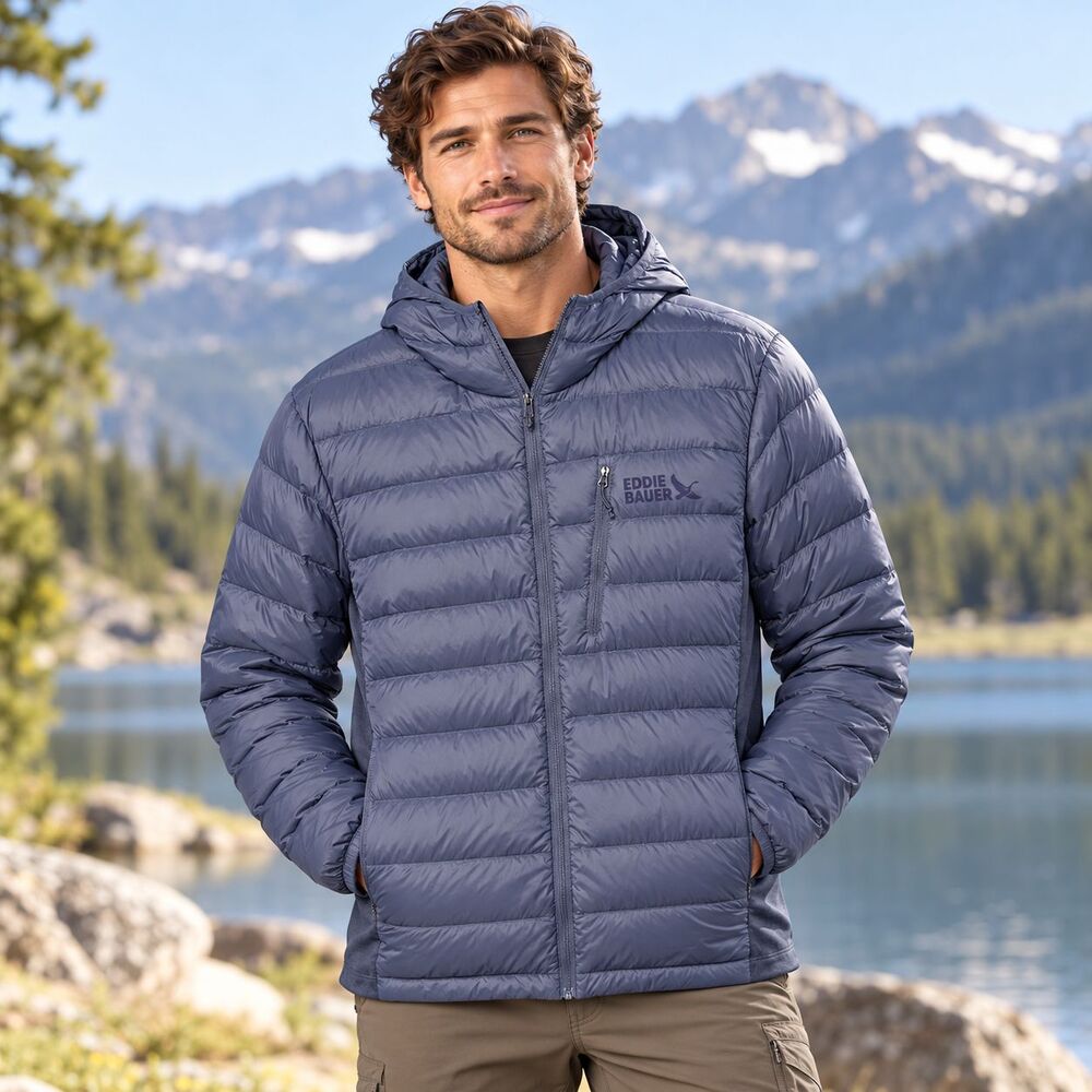 Eddie Bauer 550 Down Puffer Jacket Mens M Blue Hooded Hybrid Stretch Insulated